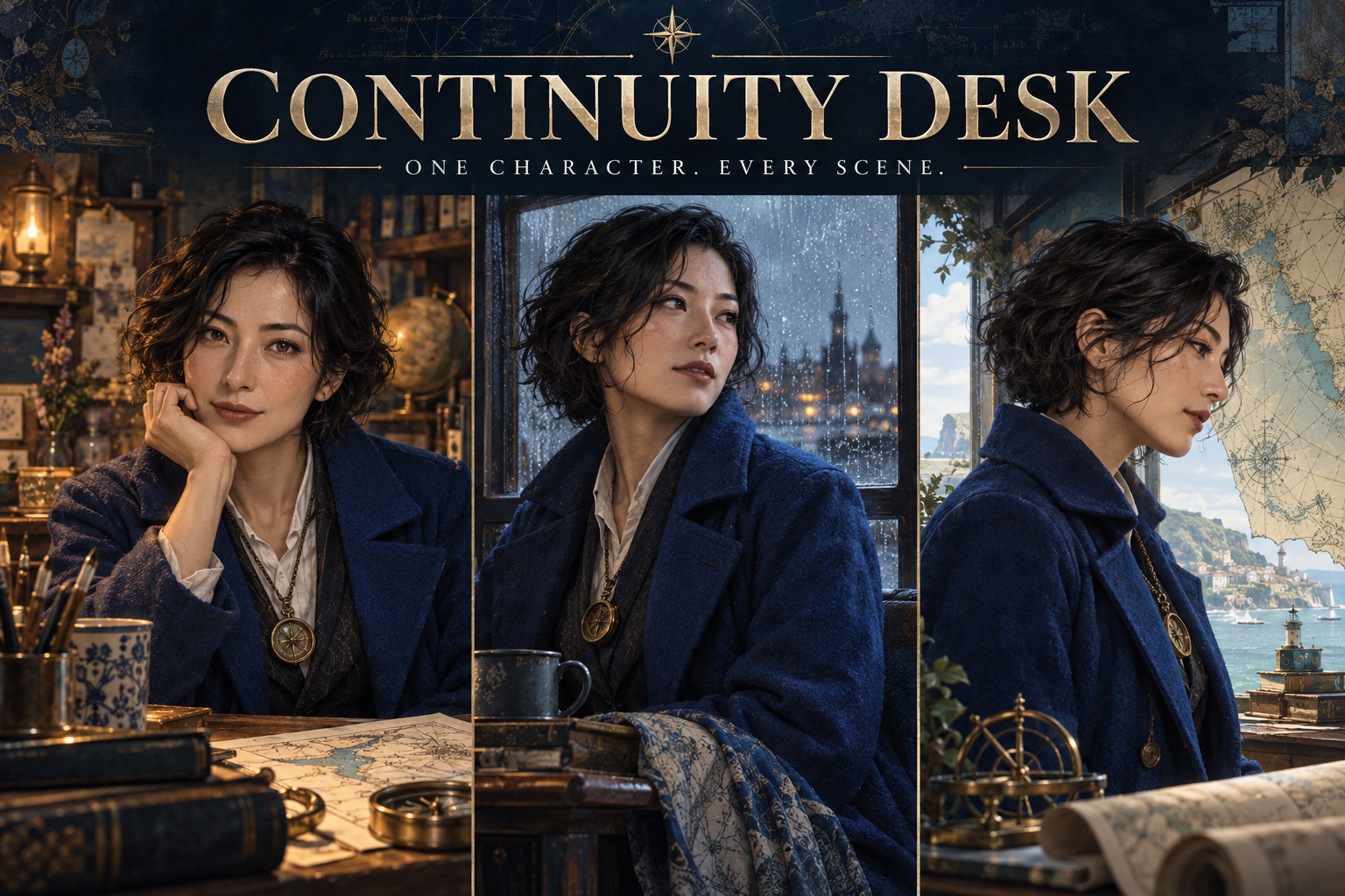 Continuity Desk AI-assisted illustrative cover; original character planning software
