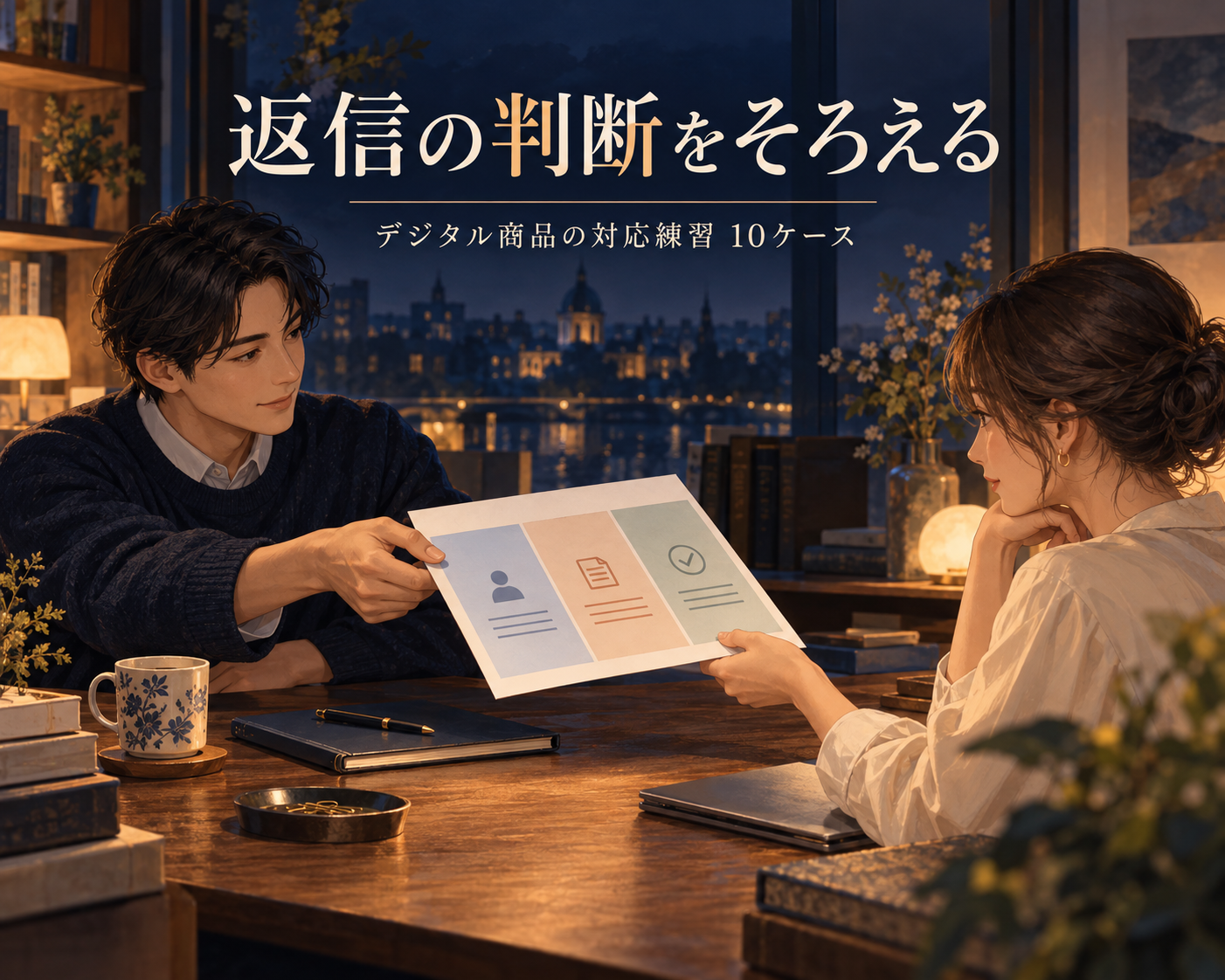 返信の判断をそろえる。デジタル商品の対応練習10ケース。担当者へ判断を引き継ぐ制作イメージ。