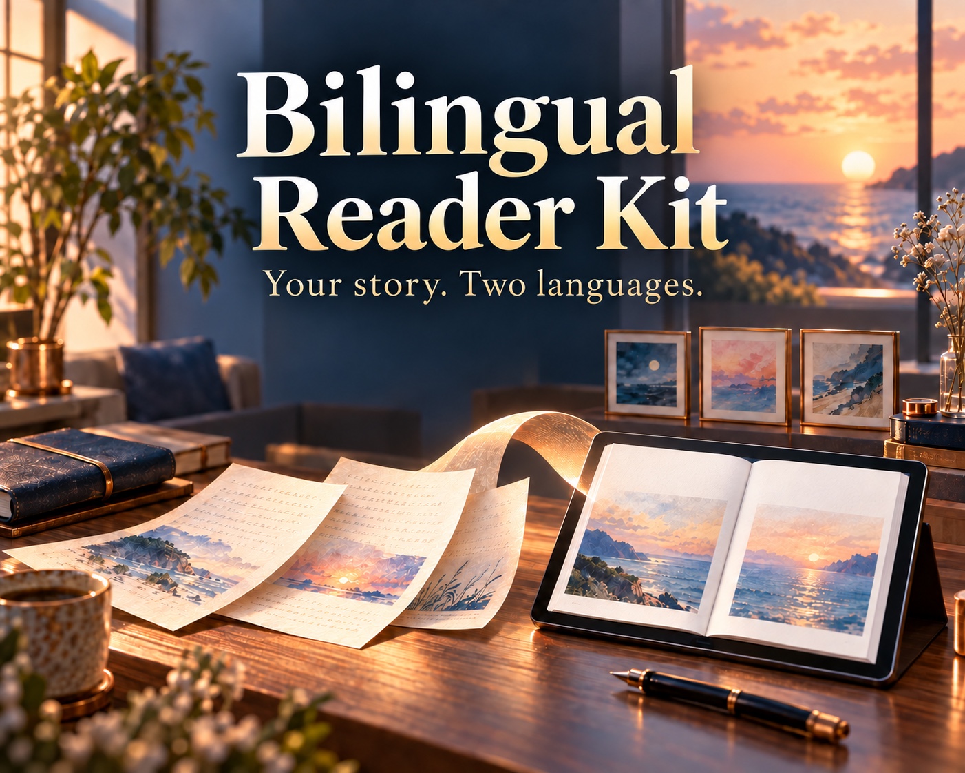 Bilingual Reader Kit cover: manuscript pages become a reader in a conceptual illustration; Japanese title.