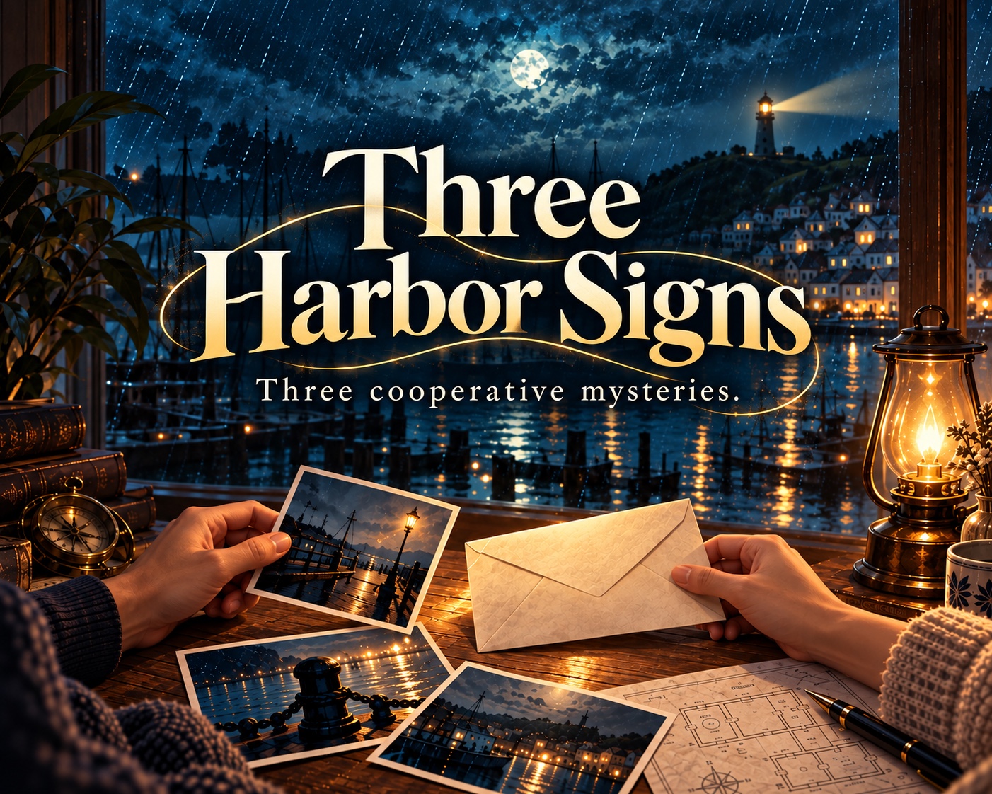 Three Harbor Signs cover: two people share photograph and envelope clues beside a night harbor; Japanese title.