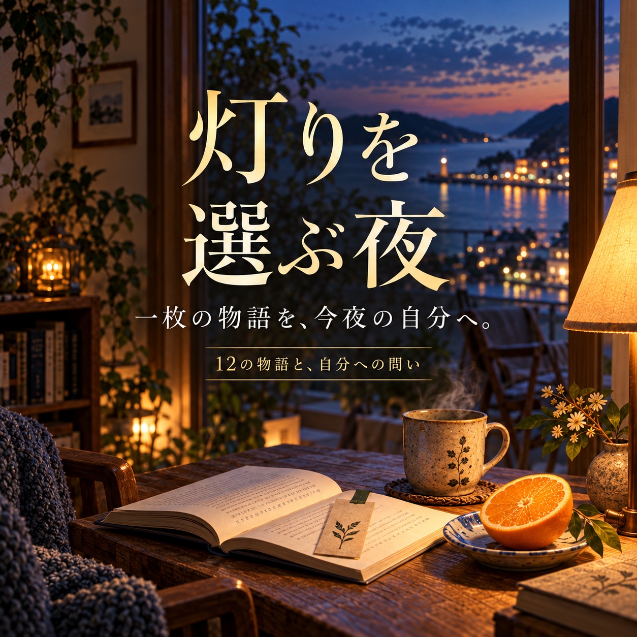 灯りを選ぶ夜の表紙。夕暮れの部屋の本、カップ、半分の橙。